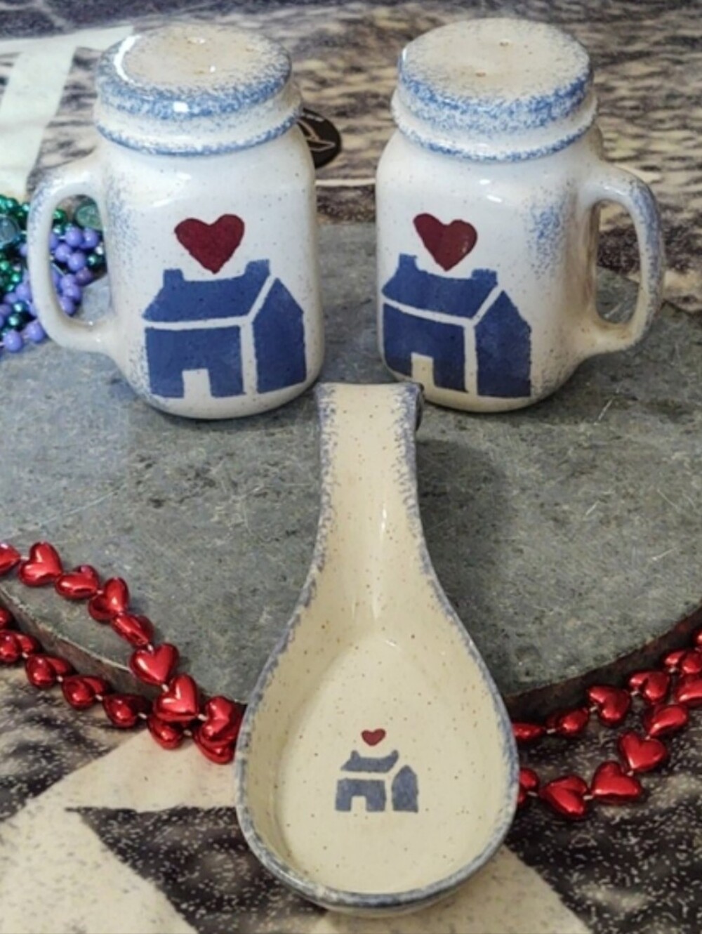 Vintage Country Cottage Salt & Pepper Shaker + Spoon Rest